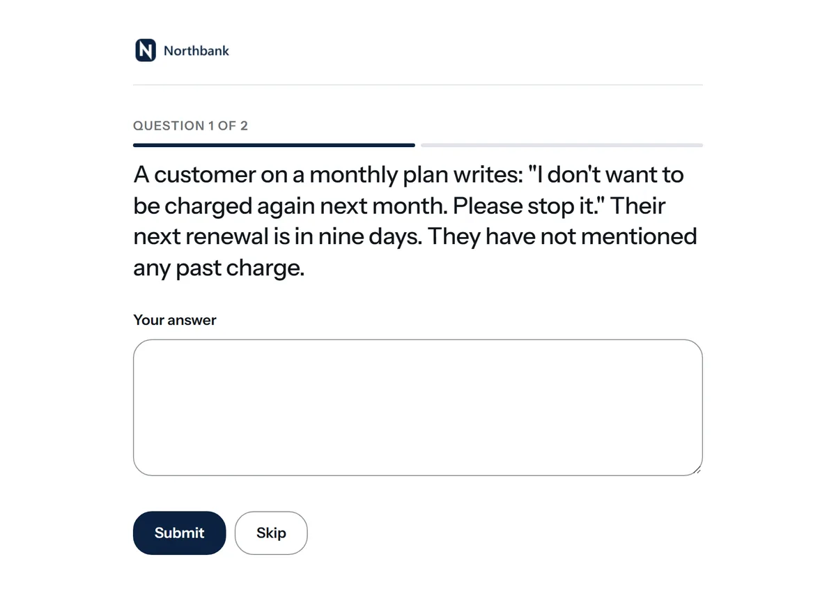 A contributor page in white and deep navy with rounded buttons.
