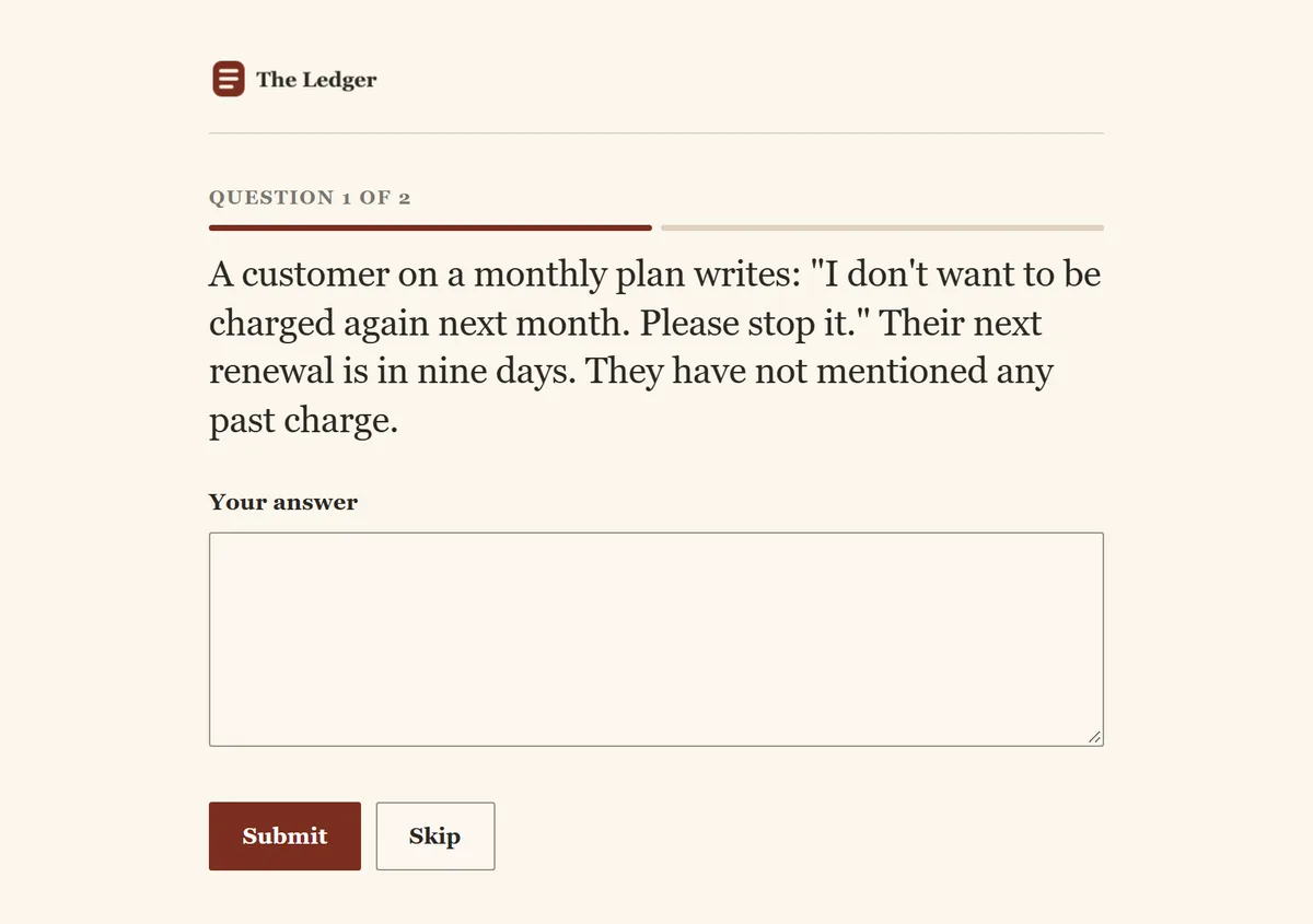 A contributor page set in a serif on cream paper with a dark red button.